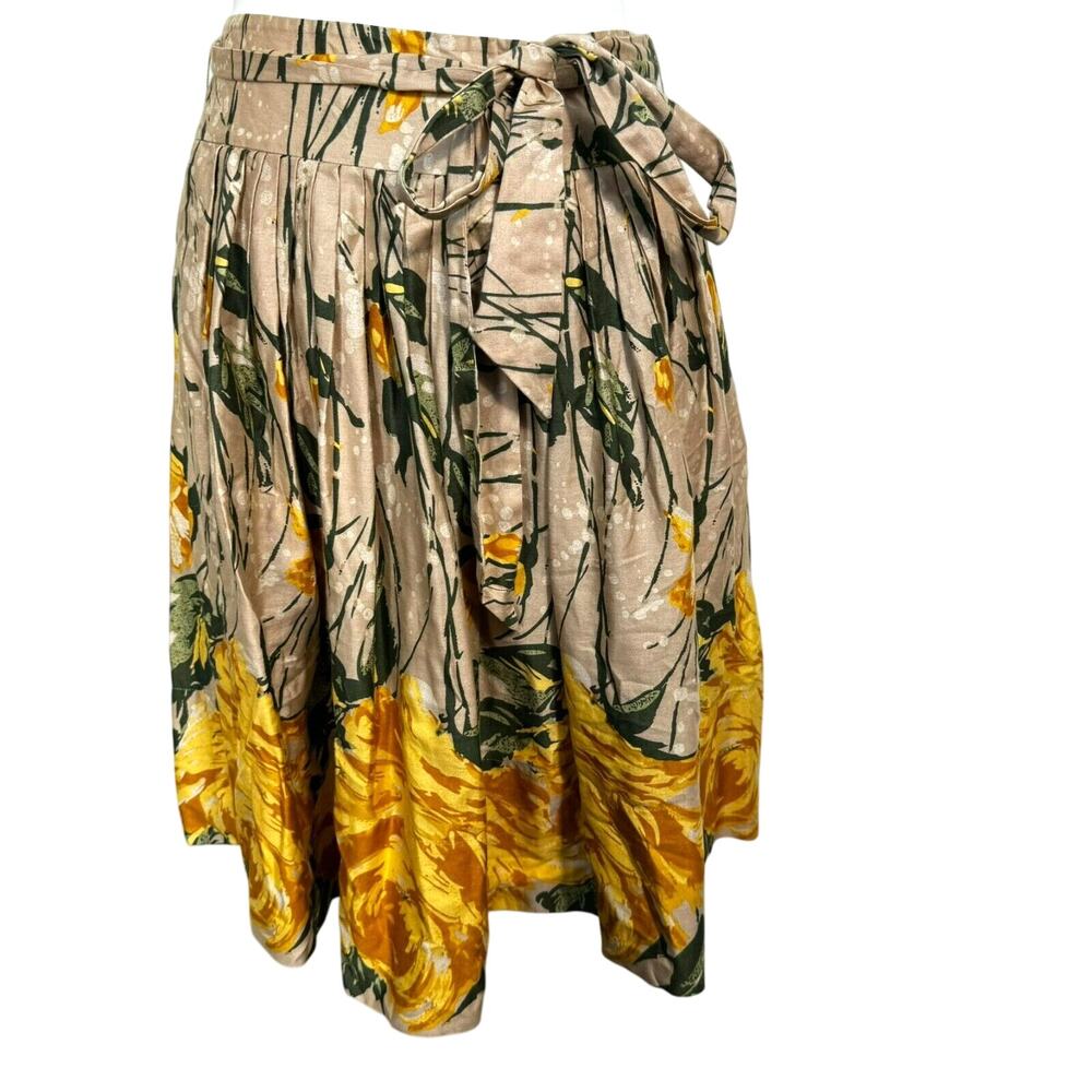 ANN TAYLOR LOFT Size 2 Tan Yellow Green Floral Cotton‎ Belted midi Skirt Pockets